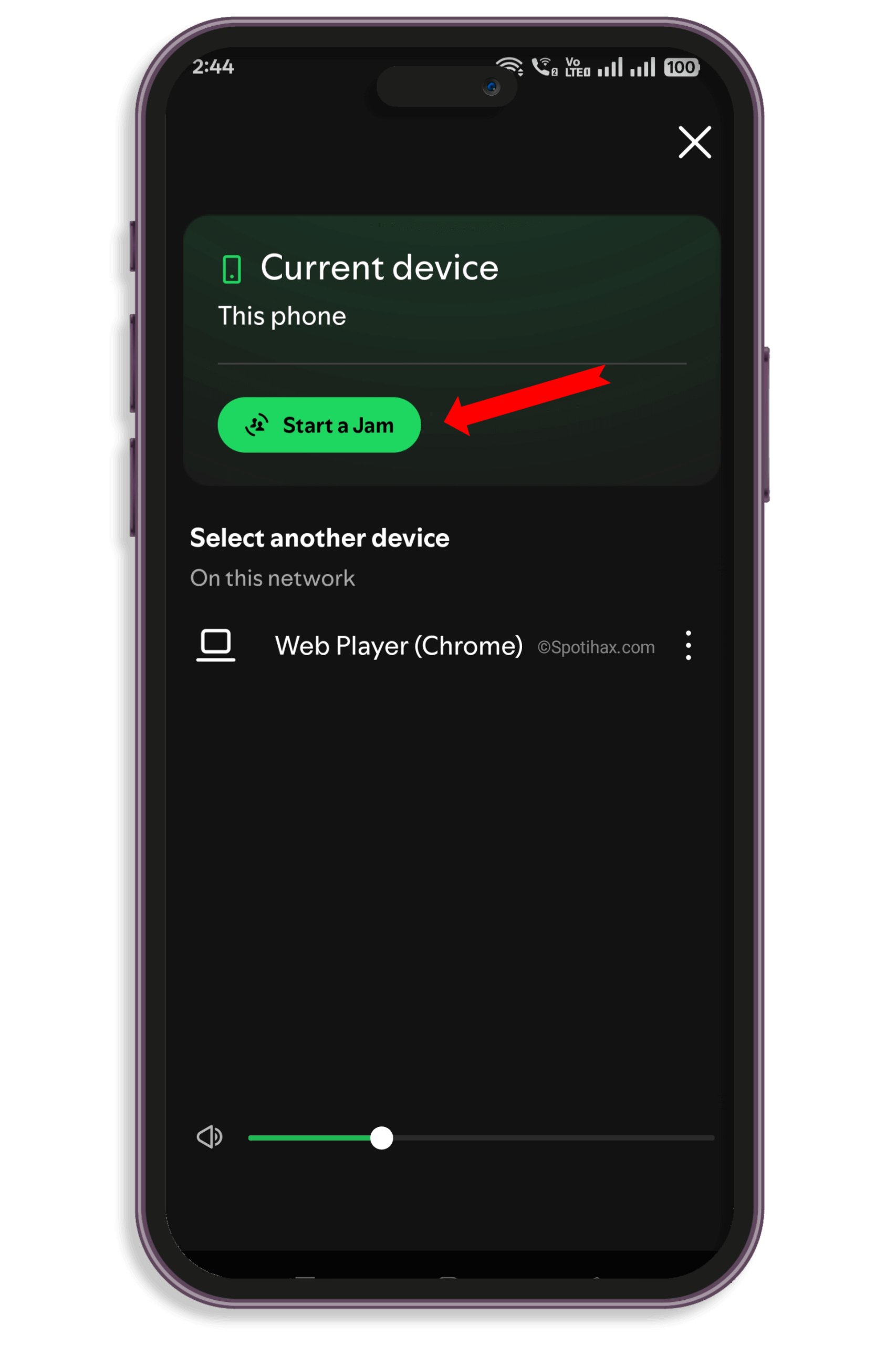 "How to Start a Jam on Spotify" clicked "Start a Jam" icon showing image